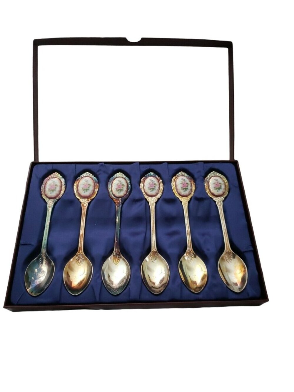 Victorian Chic 6 Floral Medallion Silverplate Teaspoons in Silk Lined Box NOS